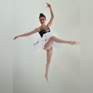 ALGY Size Adult Small Black Sequinned Dance Dress Tan & Black Bodice Whi…